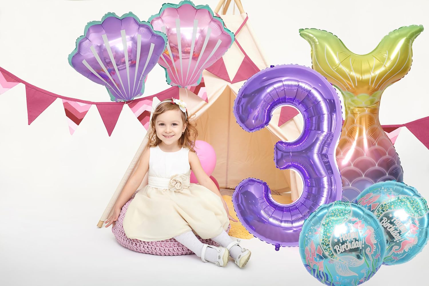 Decoraciones de fiesta de cumpleaños de sirena, suministros de fiesta de cumpleaños de sirena, incluye cola de sirena y globos morados del número 3