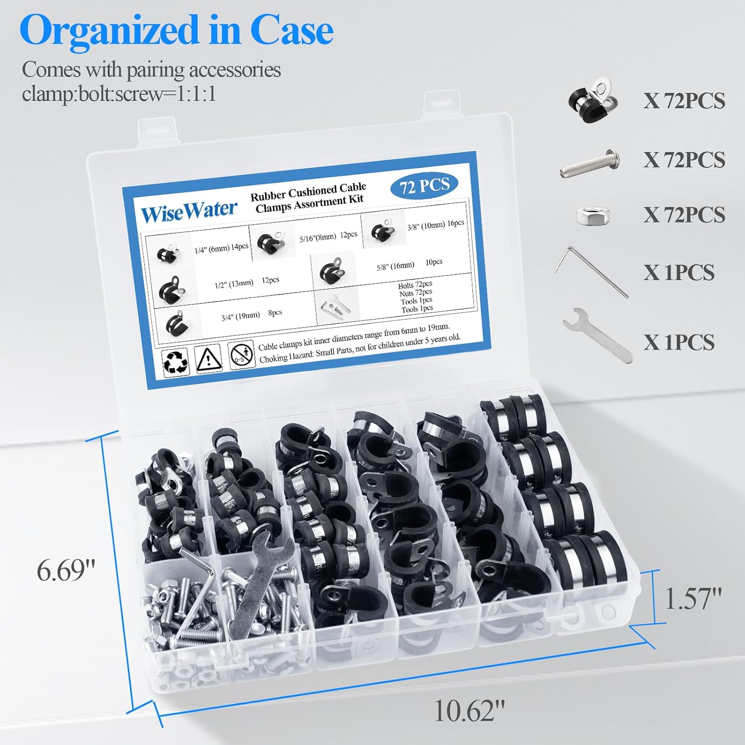 WiseWater Kit surtido de 72 abrazaderas para cables, abrazaderas de tubo acolchadas de goma de acero inoxidable 304, 14 pulgadas, 516 pulgadas, 38