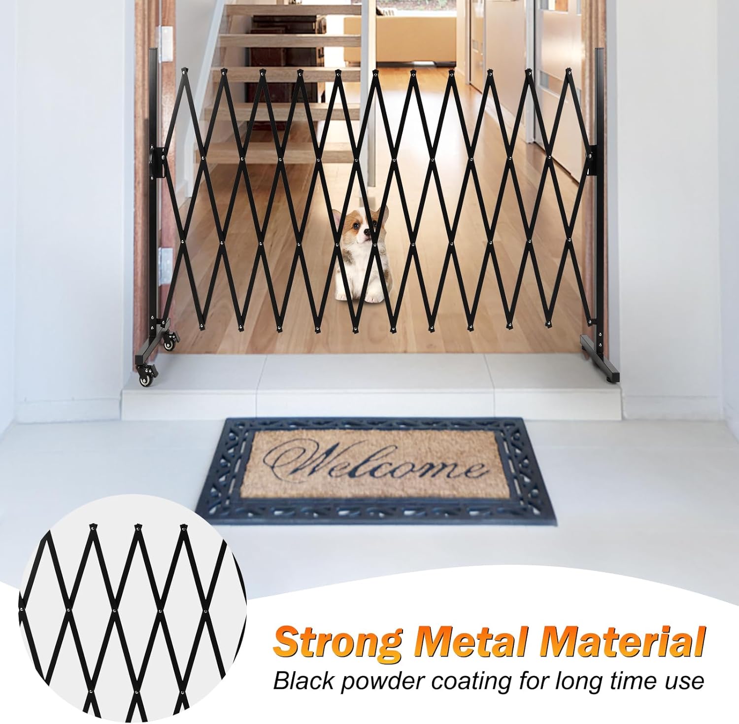 SMONTER Puerta de barricada expandible, puerta de barrera de seguridad de metal de 129 pulgadas con ruedas, valla de acordeón para jardín, patio,