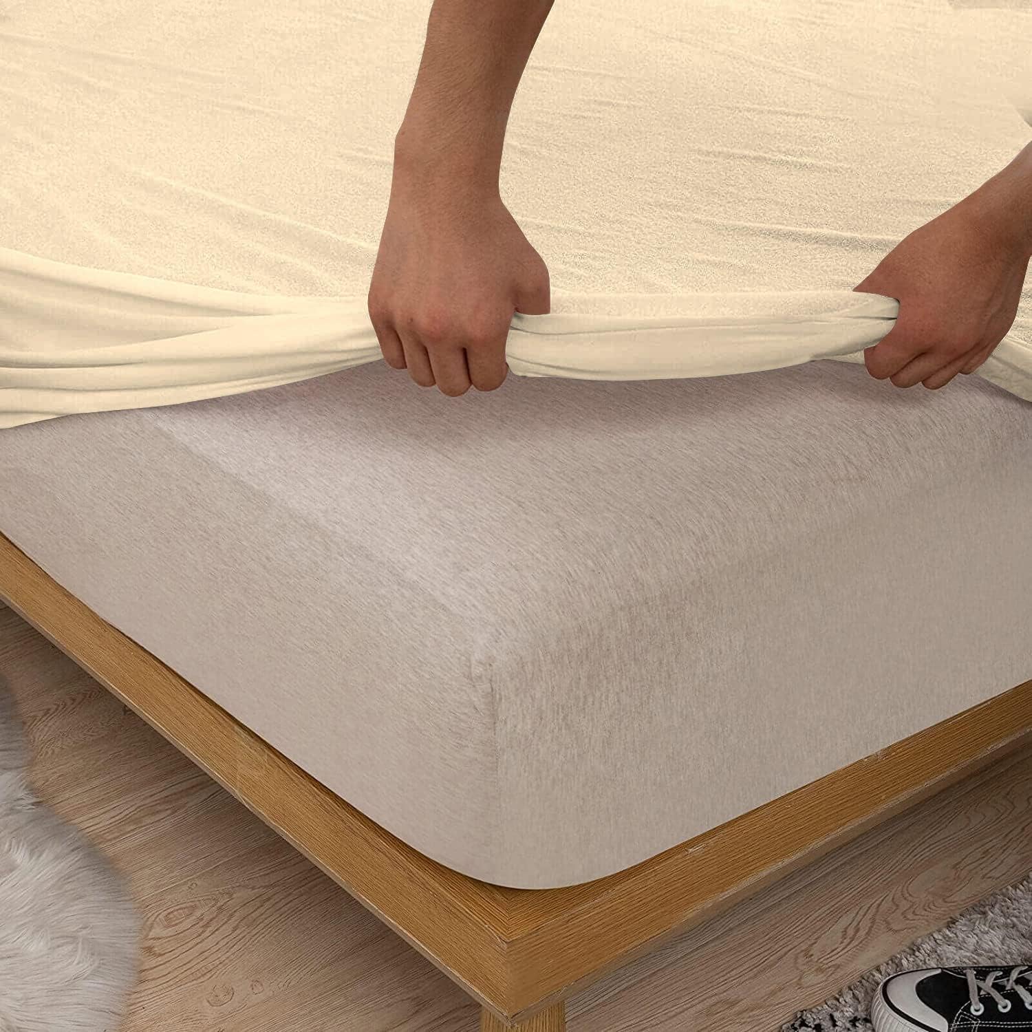 Wallaceu Split King – Juego de sábanas 100 % algodón dividido (juego de sábanas ajustable para cama king tamaño) 300 TC, marfil sólido, tejido de