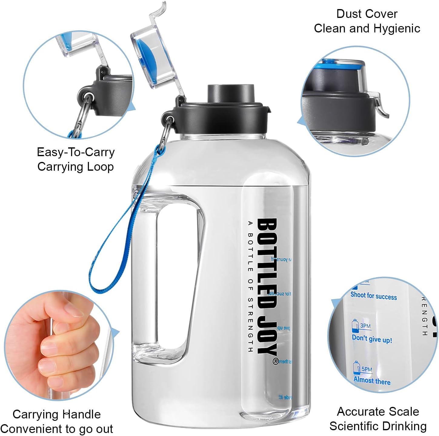 Botella de agua con marcas de tiempo, botella de agua deportiva de 1 galón con asa a prueba de fugas, reutilizable y sin BPA, tapa abatible con
