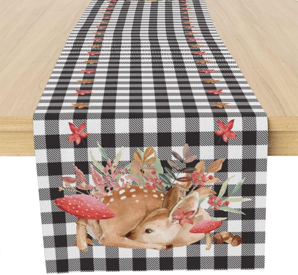 Camino de mesa de otoño con hongos de 72 pulgadas, decoración de camino de mesa de granja de ciervos otoñales para comedor, cocina, hogar, cuadros