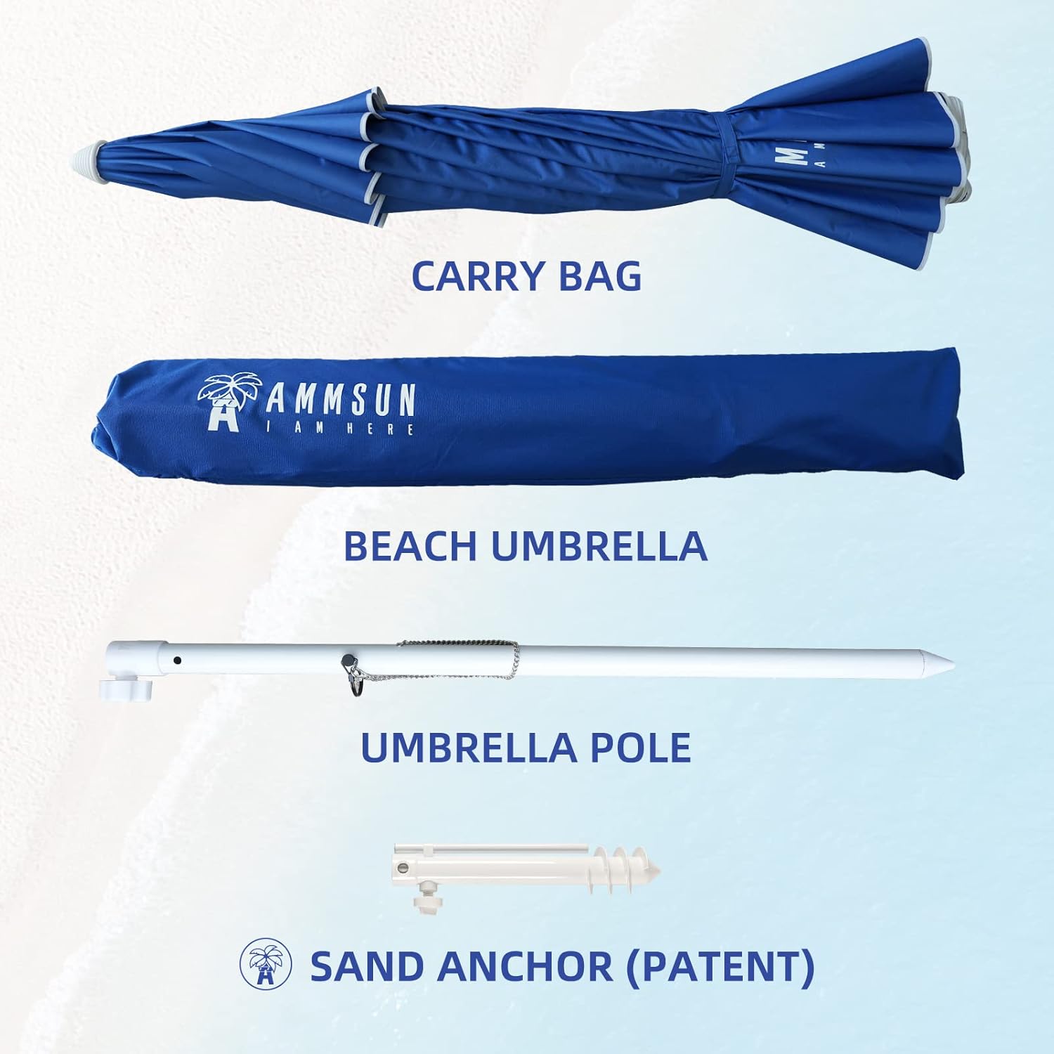 AMMSUN Sombrilla de playa grande de 8 pies con anclaje de arena, sombrilla portátil resistente al viento con protección UV UPF50+, rejillas de