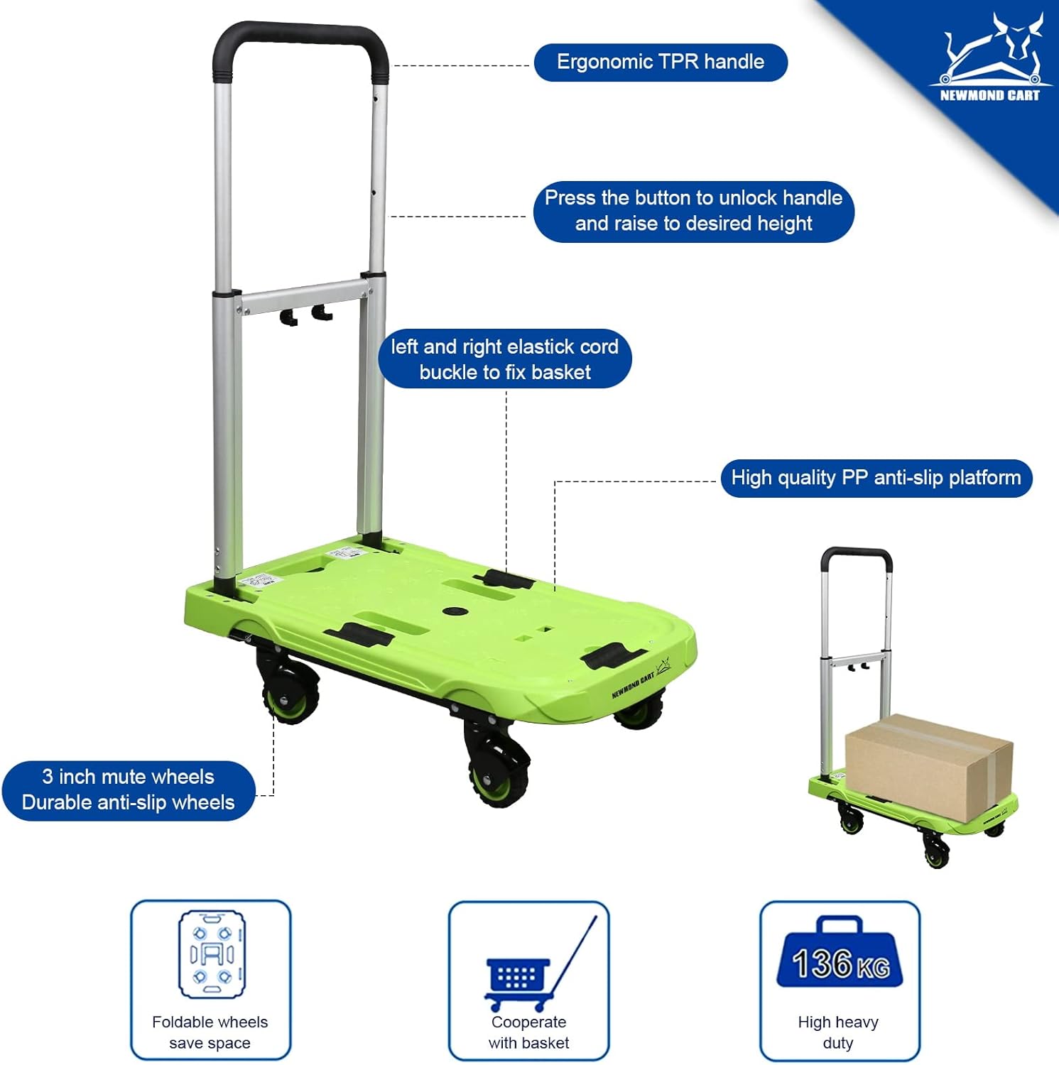 Carrito plegable de mano de plataforma, carrito móvil, plegable para un fácil almacenamiento y ruedas giratorias de 360 grados de bajo ruido con