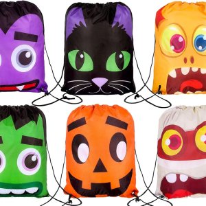 Whaline Paquete de 6 bolsas con cordón de Halloween, diseño de dibujos animados de Halloween, bolsas de regalo reutilizables, mochila de dulce o Whaline Paquete de 6 bolsas con cordón de Halloween, diseño de dibujos animados de Halloween, bolsas de regalo reutilizables, mochila de dulce o