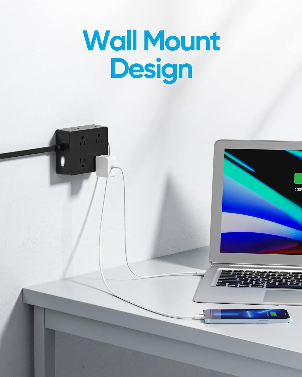 Regleta protectora de sobretensiones, cable de extensión de 25 pies de largo con 8 tomas, 4 puertos USB (1 USB C), extensor de toma de corriente de