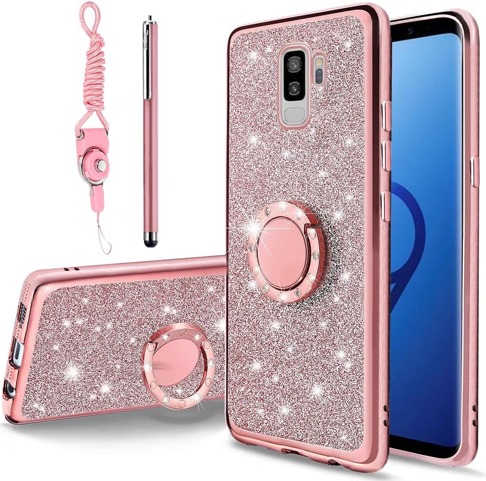 B-wishy Glitter Crystal Butterfly Slim TPU Caso Con Soporte Y Correa Para Samsung Galaxy S9 Plus – Rosa