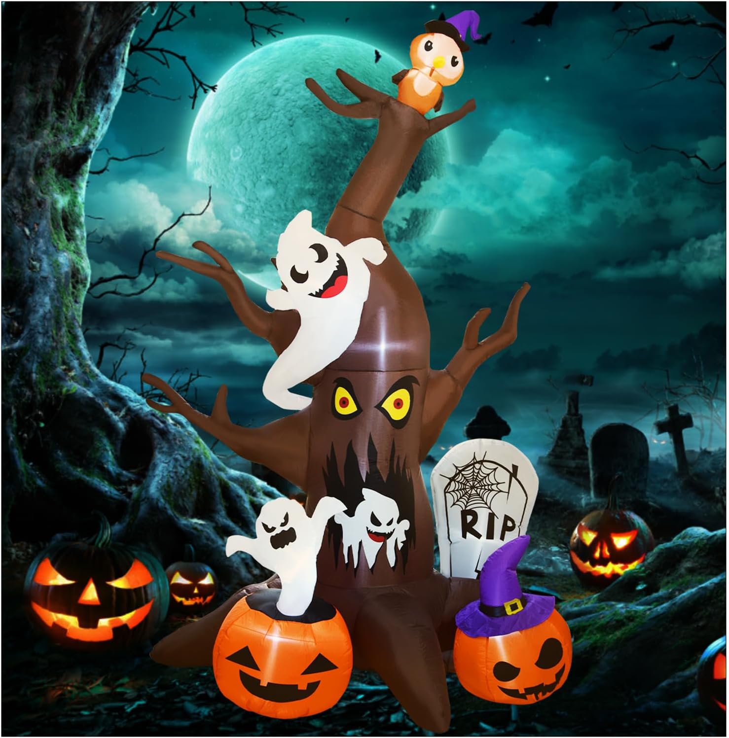 Árbol muerto inflable de Halloween de 9 pies con fantasmas, calabazas, lápida y búho, decoración de patio inflable con luces LED integradas,