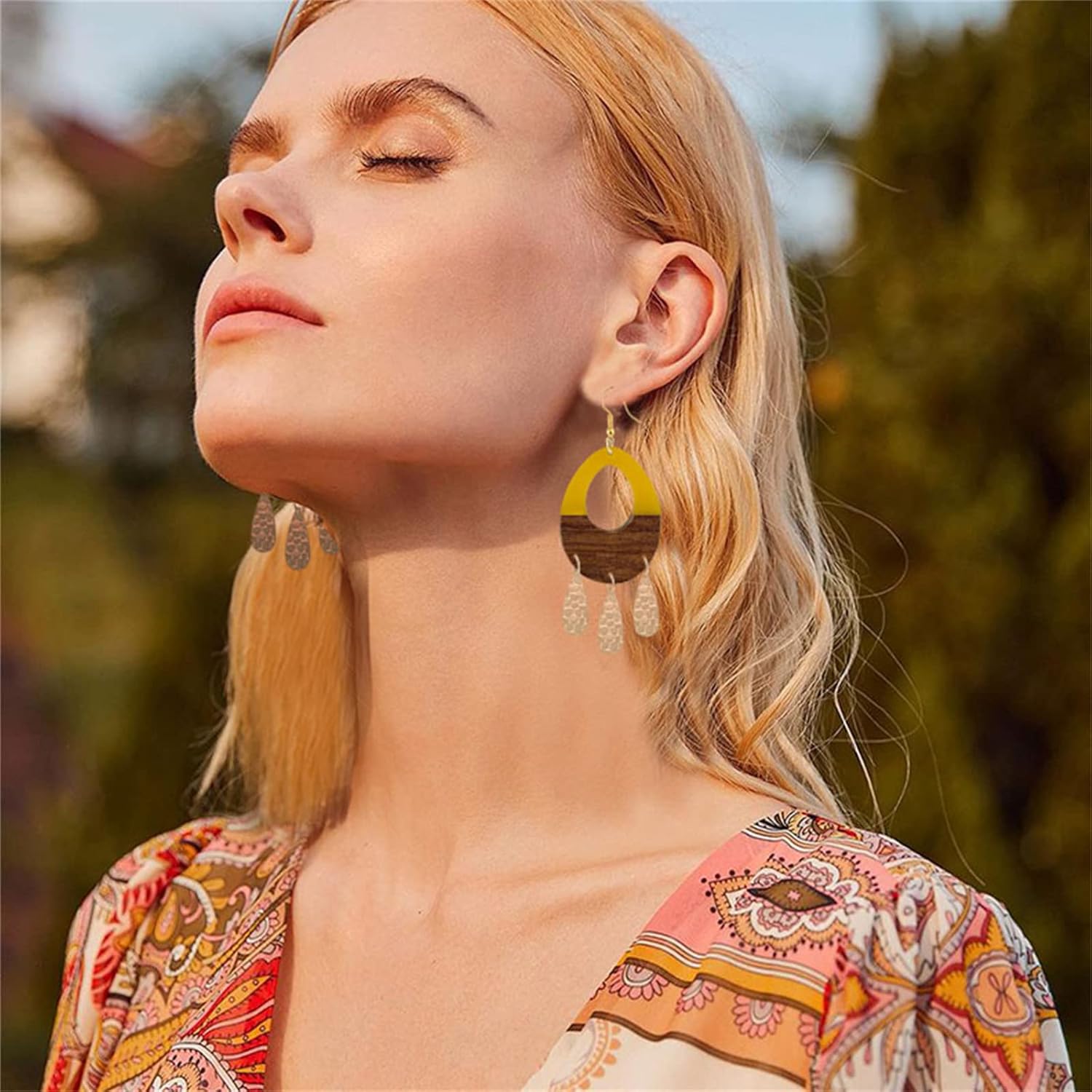Wooden Earrings for Women Girls Handmade Bohemian Retro Lightweight Wood Acrylic Resin Geometric Hollow Teardrop Metal Tassel Dangle Drop Statement