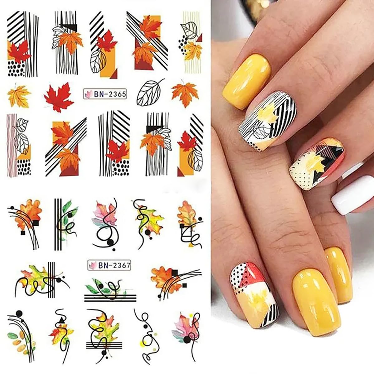 12 calcomanías de otoño para arte de uñas, hojas de arce, calcomanías de agua doradas para otoño, láminas deslizantes para hojas, geometría, búho,