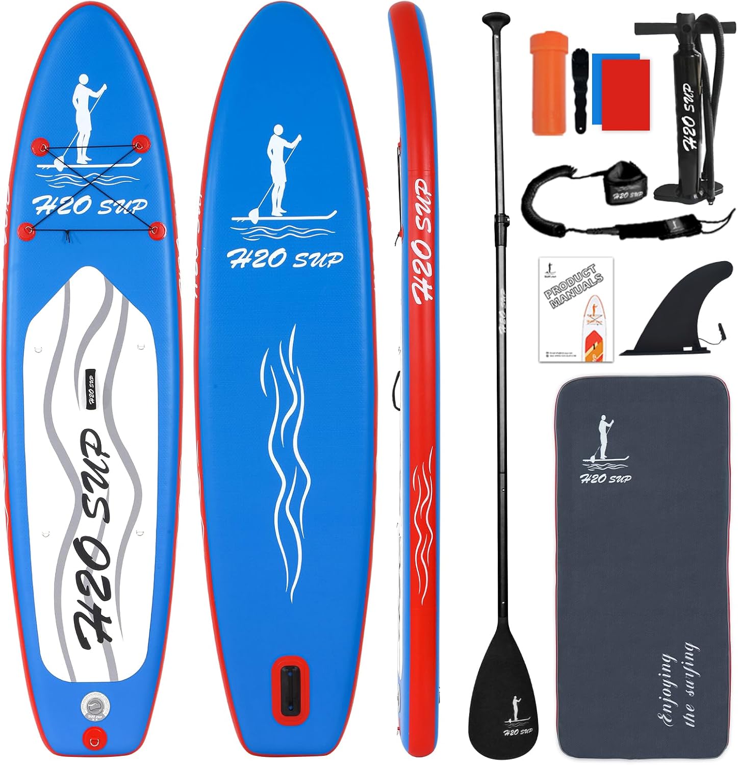 H2OSUP Inflatable Stand Up Paddle Board 10’6”10′ × 30″ × 6″ with Premium SUP Paddle Board Accessories & Backpack, Ultra-Light, Wide Stable Design,