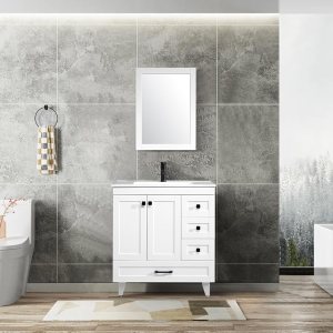 Armario de tocador de baño de 30 pulgadas con lavabo, fregadero de cerámica empotrado, grifo negro mate, espejo de alta definición Armario de tocador de baño de 30 pulgadas con lavabo, fregadero de cerámica empotrado, grifo negro mate, espejo de alta definición