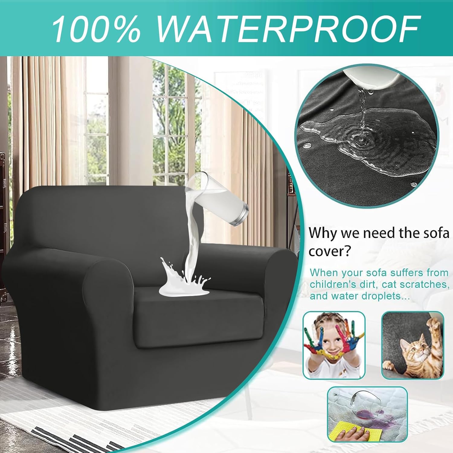 HDCAXKJ Juego de 2 fundas para sillones 100 % impermeables para sala de estar, fundas elásticas para sofá con brazos, fundas protectoras lavables