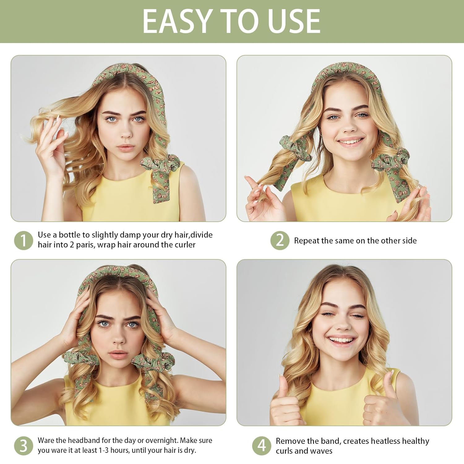 Rizador de pelo sin calor, diadema sin calor para cabello largo, rizadores de pelo sin calor para dormir durante la noche para mujeres, onda suave,