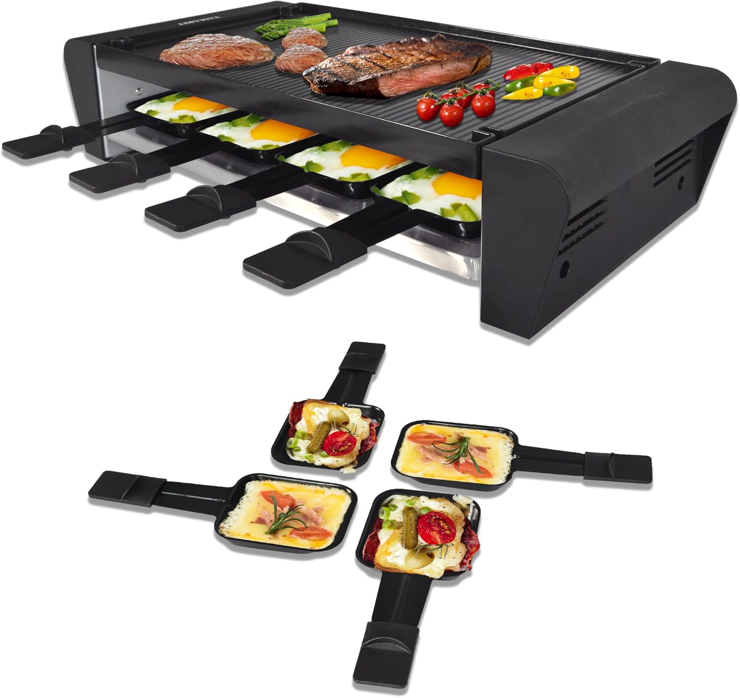 TAMARIT Raclette – Parrilla eléctrica 3 en 1 portátil, parrilla coreana para interior con 8 paletas, apta para lavavajillas, placa de aluminio