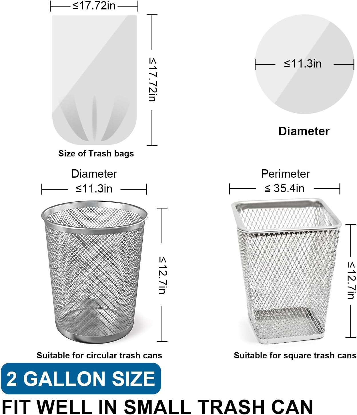T.FORING Bolsas de basura de 2 galones con cordón de 0.96 mil, 120 unidades, bolsas de basura pequeñas sin perfume, color blanco, bolsas fuertes