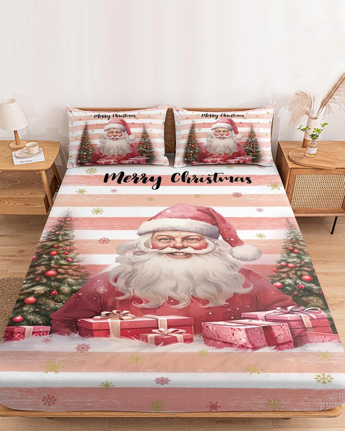 Sábana bajera tamaño Queen con bolsillos profundos, diseño de árbol de Navidad de Papá Noel, rosa y blanco, funda de colchón de microfibra cepillada