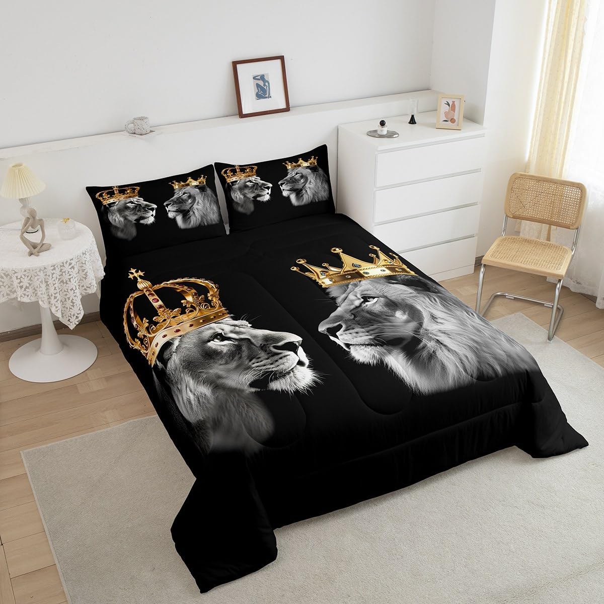 Juego de edredón de animales de león salvaje, tamaño King, edredón dorado de corona King y Queen para decoración de dormitorio, juego de edredón de