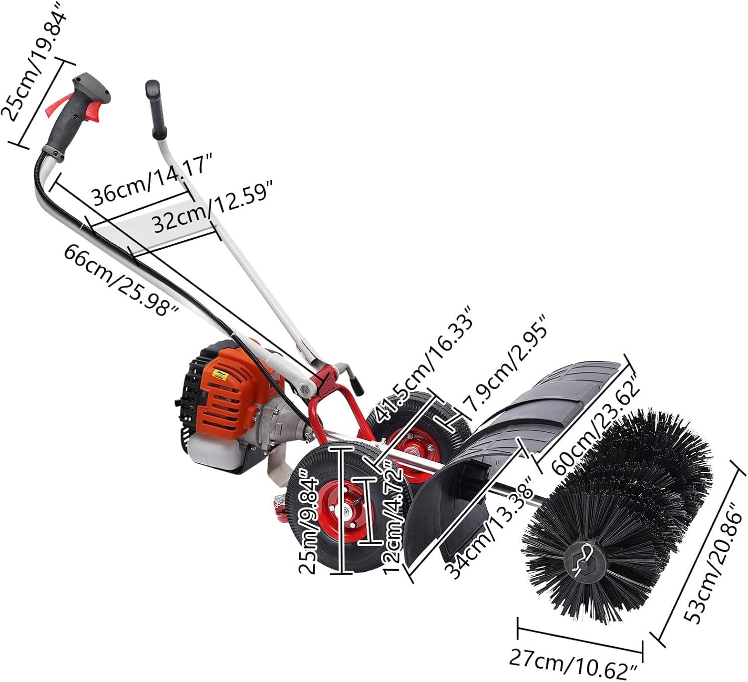 Escoba barredora de limpieza de doble mango de 52 cc, 2.5 HP para caminar detrás de la nieve, motor de gas, barredora de nieve de mano, escoba,