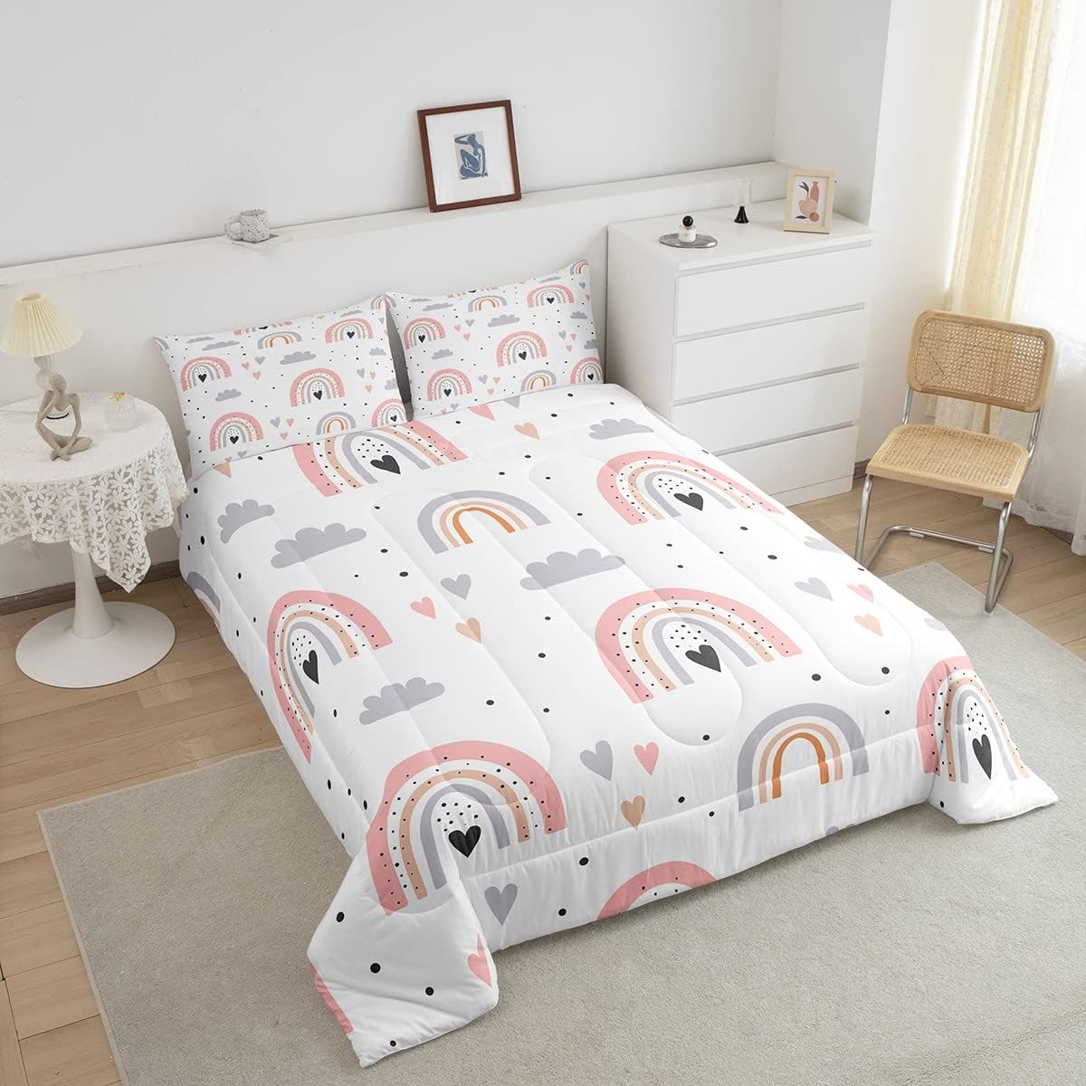 Juego de ropa de cama tamaño Queen con diseño de arco iris para niñas, juego de edredón Kawaii de nube de 3 piezas con 2 fundas de almohada, edredón
