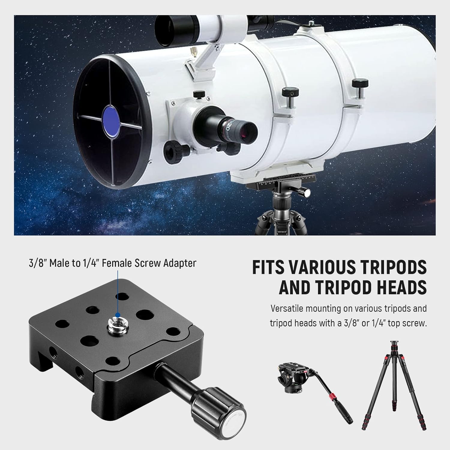 NEEWER Soporte para telescopio trípode adaptador base abrazadera de sillín para barras de cola de milano estilo Vixen, con orificios avellanados M6