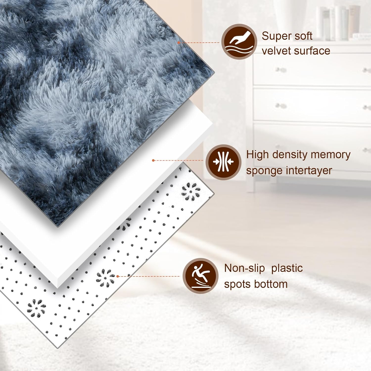 TWINNIS Alfombras grandes de pelo largo de 6 x 9 pulgadas para sala de estar, dormitorio, teñido anudado azul y gris, alfombras de felpa súper