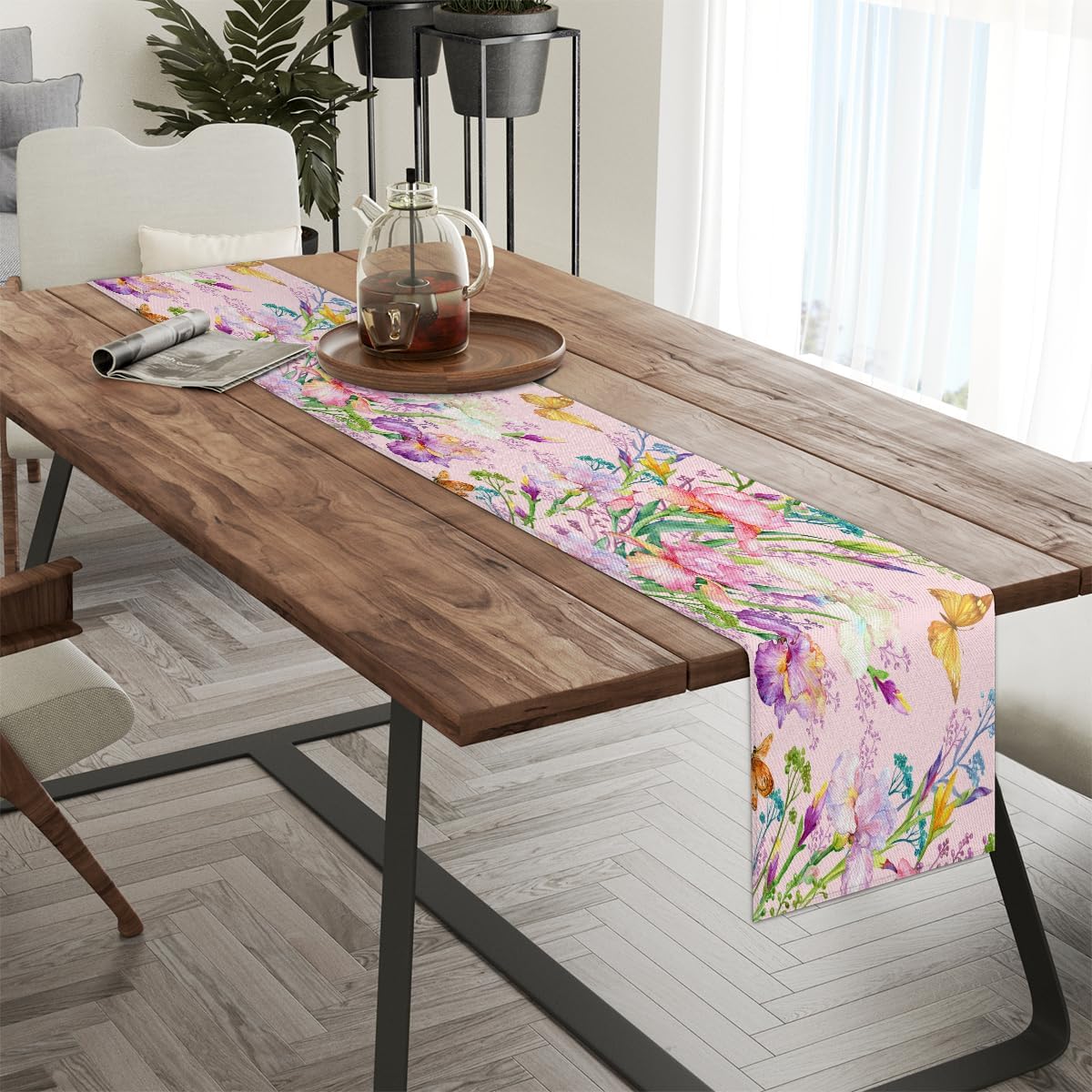 Camino de mesa de flores coloridas mariposas, mantel de lino rústico para cocina de granja, cena, eventos, fiesta, decoración de mesa de vacaciones,