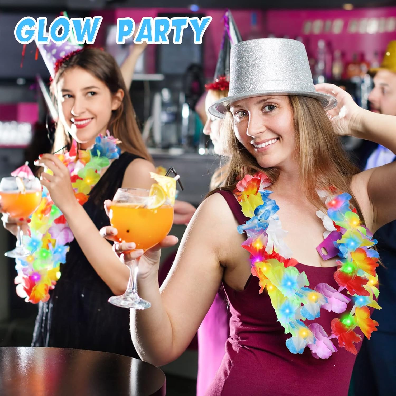 Sherr 24 piezas de Leis hawaiano con luz LED, collar de Leis hawaiano con luces LED, suministros de fiesta de carnaval tropical Luau Leis para