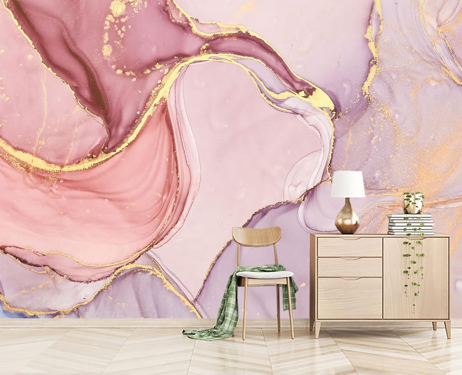 Eierme Papel pintado de pared rosa mármol dorado para dormitorio, 178 x 117 pulgadas