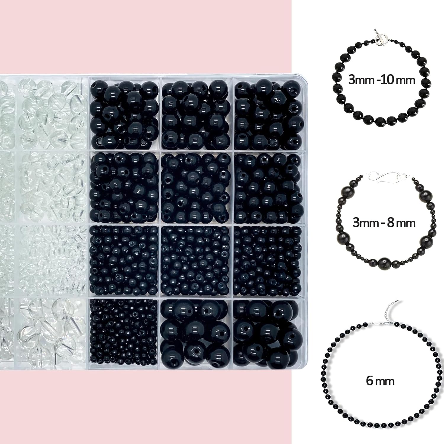2140 cuentas de vidrio negro y transparente para hacer pulseras de 0.157 in, 0.236 in, 0.315 in, cuentas de vidrio redondas transparentes negras