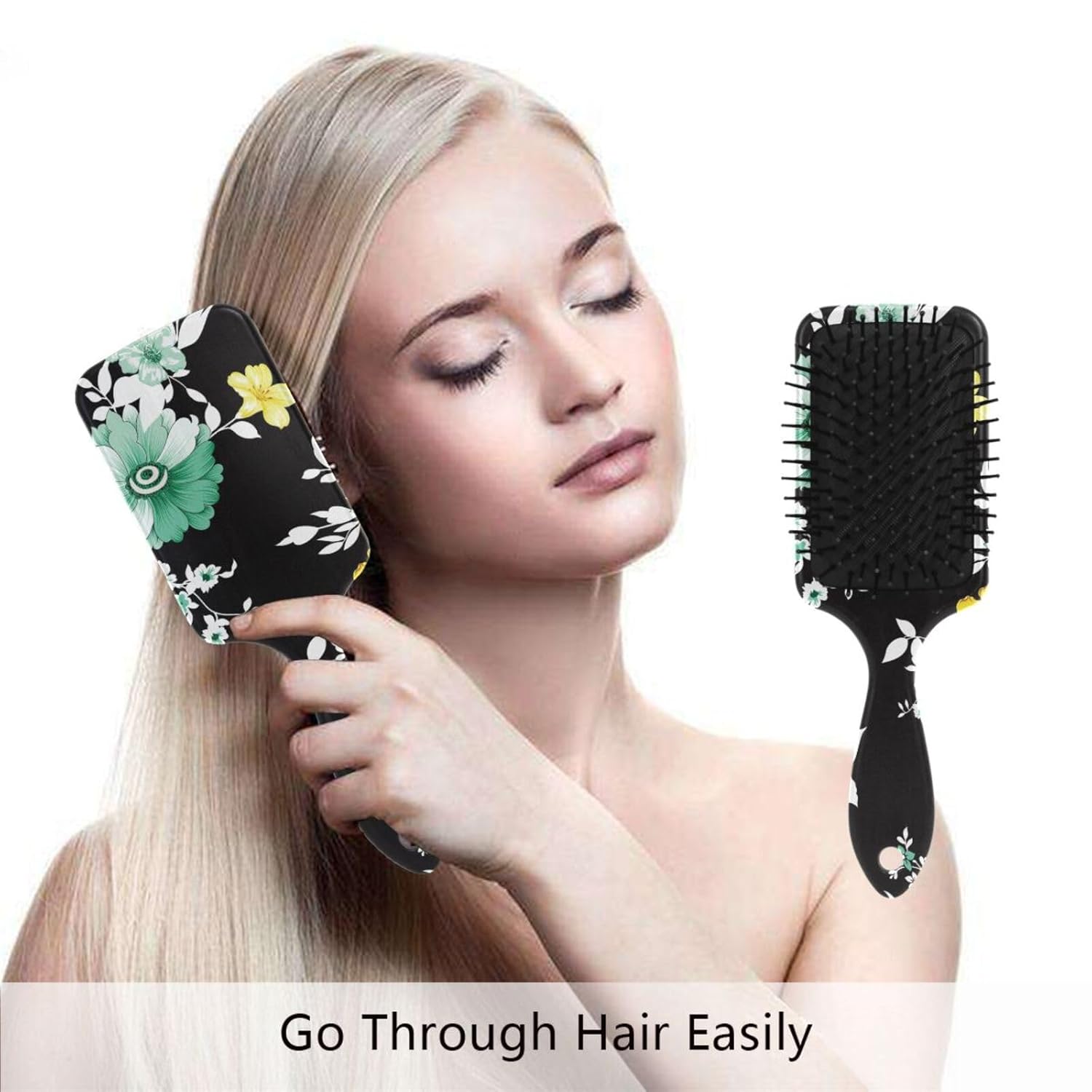 Cepillo de pelo desenredante con diseño de flores en negro para niñas y mujeres, peine con cojín de aire, cepillo húmedo y seco, cepillo húmedo