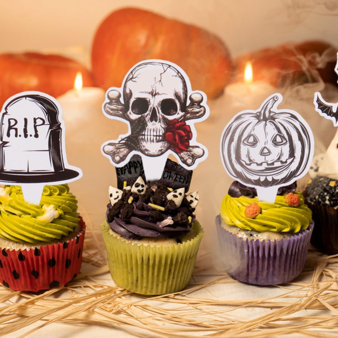 48 decoraciones para cupcakes de Halloween, decoración de cupcakes de terror, calavera rosa, murciélago, calabaza, cupcakes, decoraciones para