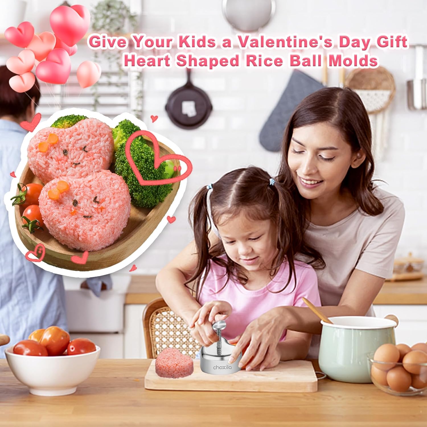 Choxila Molde Onigiri en forma de corazón, molde de bola de arroz de acero inoxidable, regalos de San Valentín para niños, molde de spam en forma de