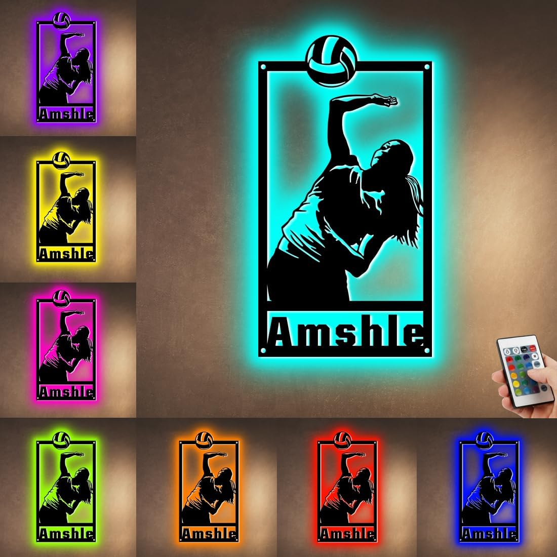 Letrero de neón personalizado para jugador de voleibol con luz LED de 16 colores, decoración de letrero de neón de metal con nombre de voleibol,