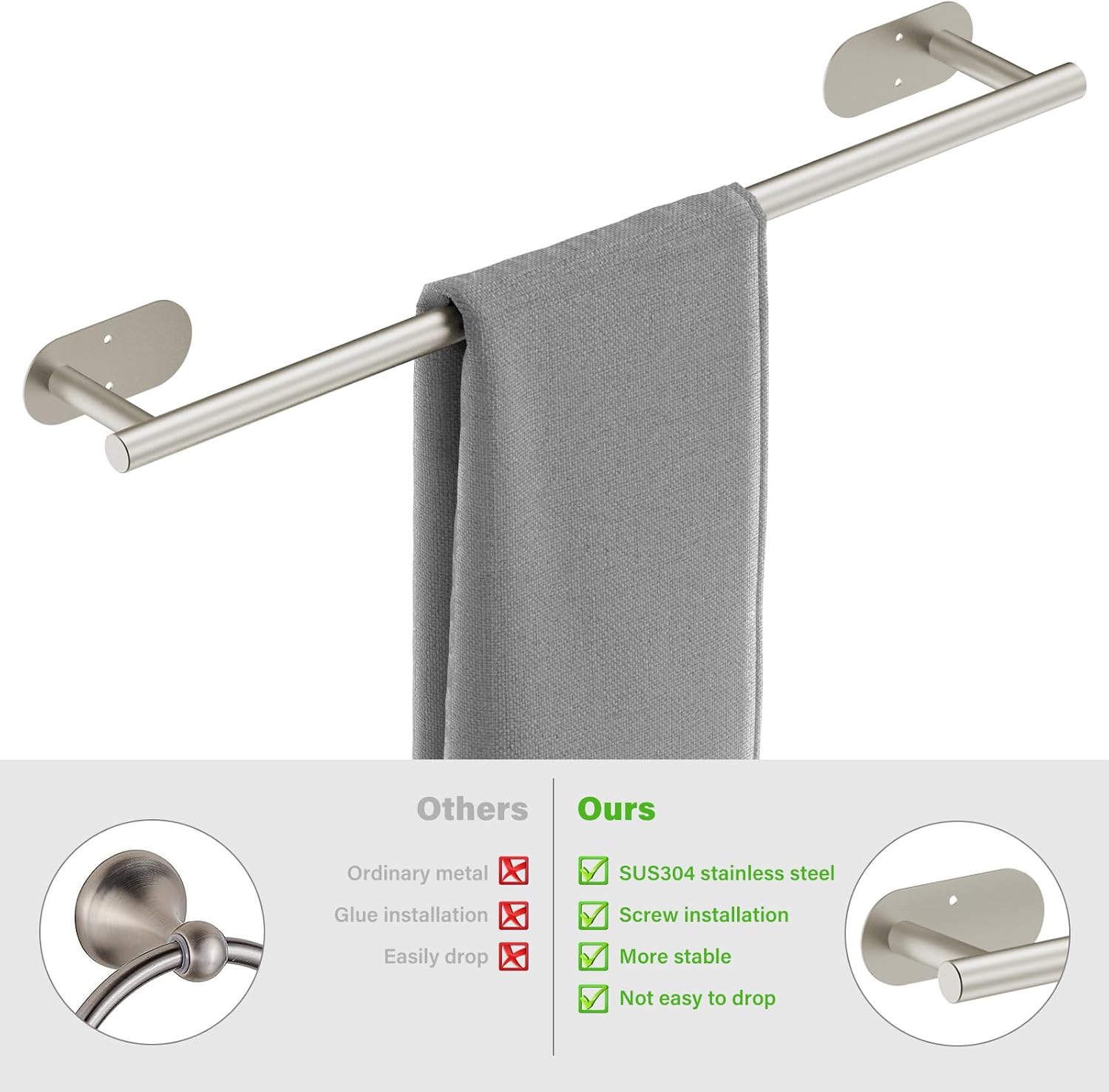 Juego de 4 piezas de accesorios de baño, juego de accesorios de níquel cepillado, juego de toallas de mano de 24 pulgadas, acero inoxidable 304,