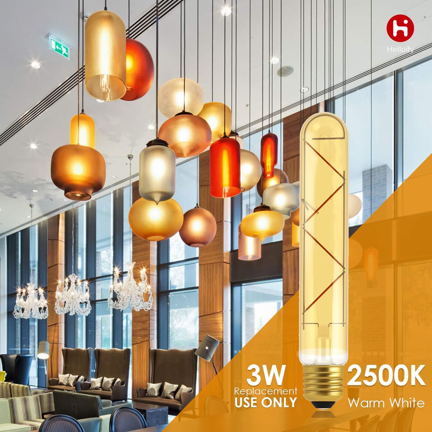 Bombilla tubular Edison LED vintage regulable T10, equivalente a 40 W, alto brillo, luz blanca cálida de 2500 K, vidrio ámbar, luz de cubierta de