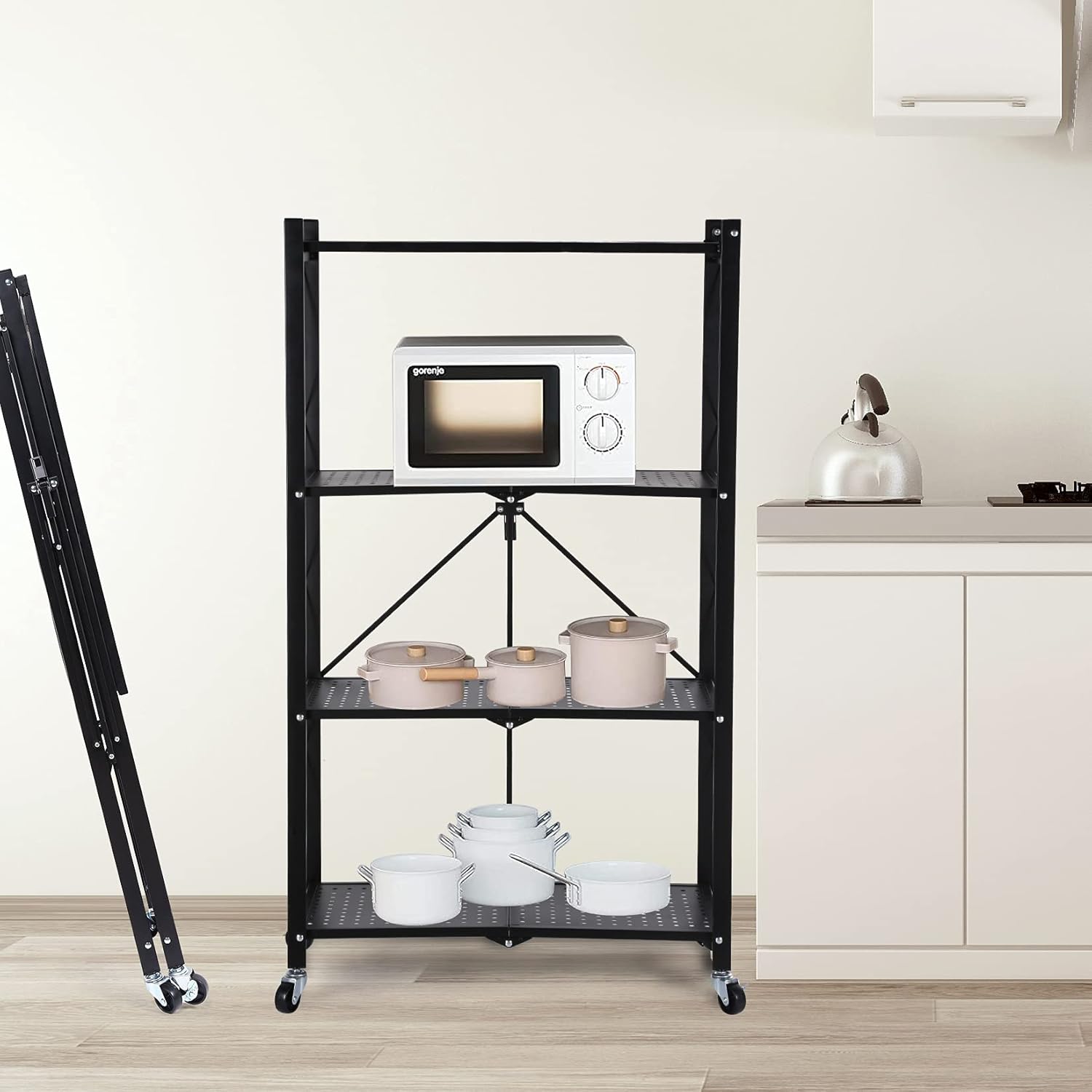 HealSmart Estantería de almacenamiento de metal plegable de 4 niveles con ruedas que se mueven fácilmente, estantes organizadores, ideales para