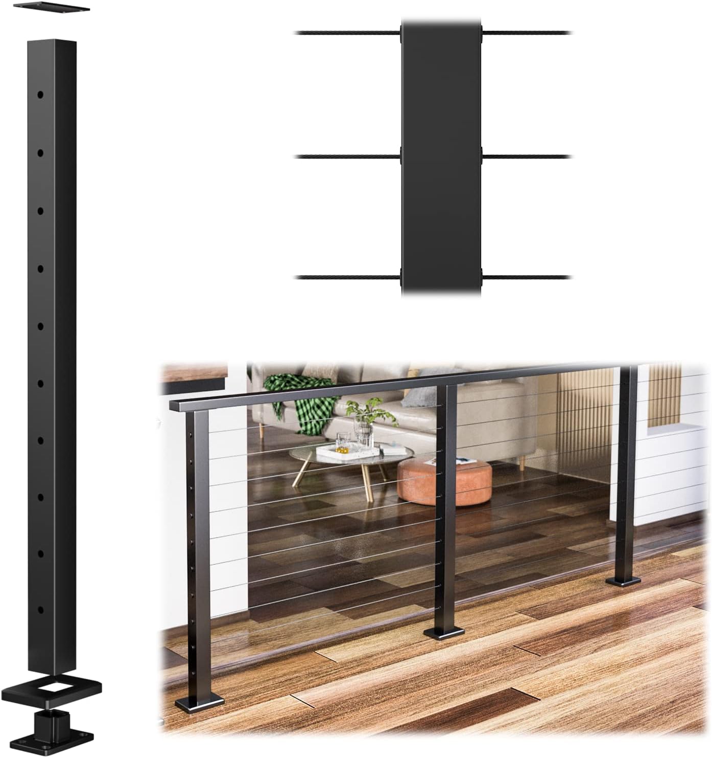 Muzata Poste de aluminio perforado de nivel 36 “X2″x2” Barandilla de cable superior fija Poste Montaje superior ensamblado Cubierta de nivel de