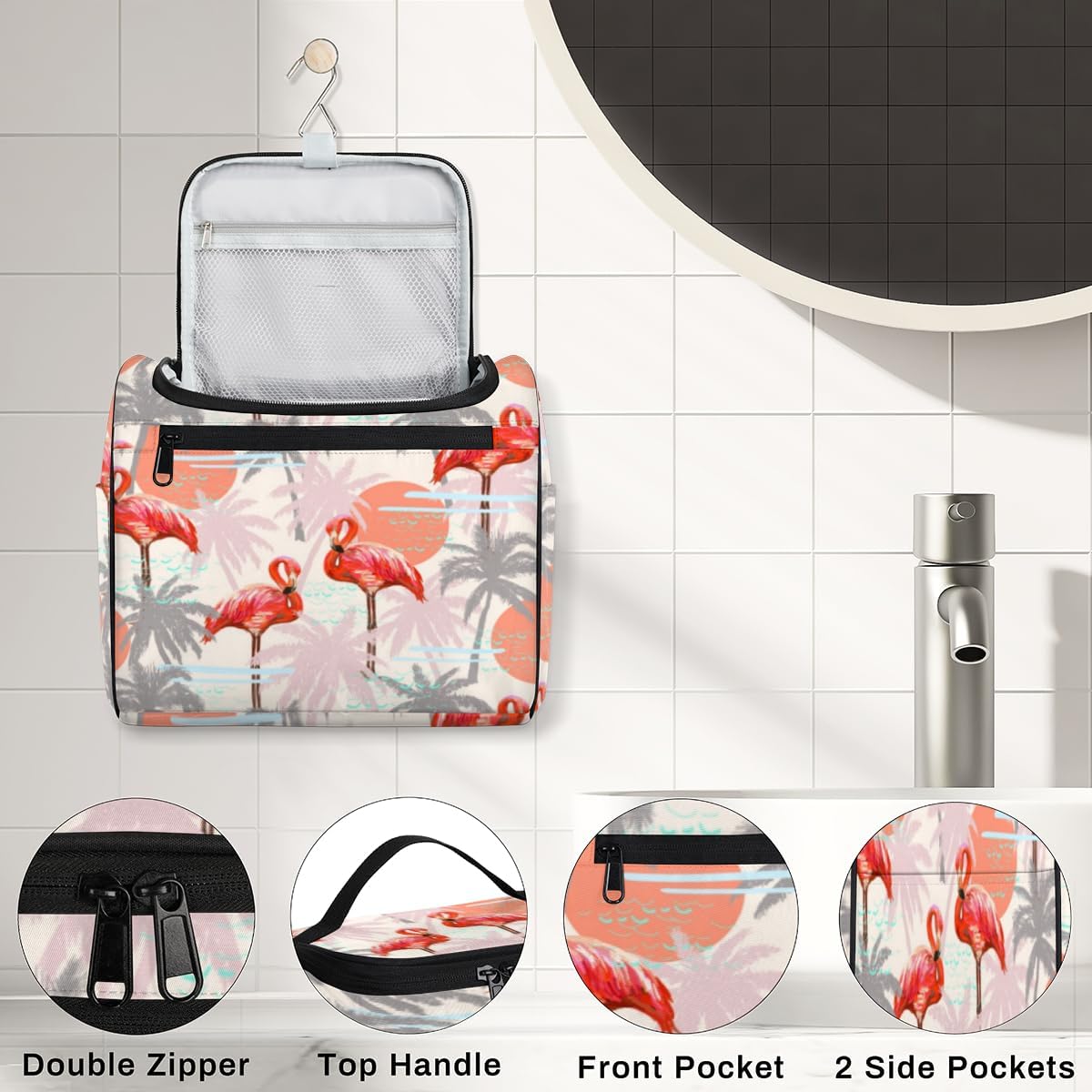 QsirBC Bolsa de aseo de flamencos de hoja de palma para mujer, organizador de maquillaje de viaje con gancho para colgar, bolsas de cosméticos de