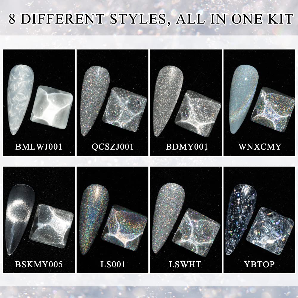 MIZHSE Juego de 8 esmaltes de uñas de gel con purpurina plateada, estilo múltiple todo en 1, brillo reflectante, arco iris, ojo de gato, esmalte de