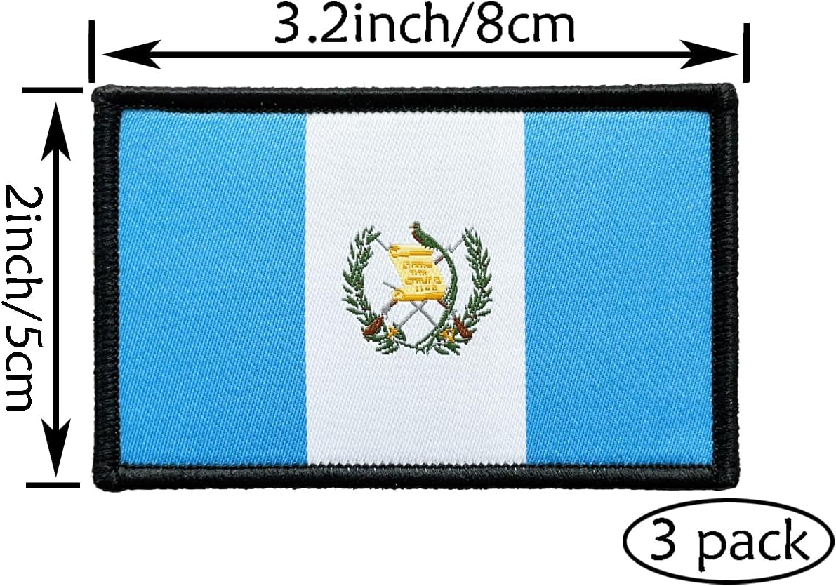 3 parches de bandera guatemalteca de 2 x 3 pulgadas, con lazo de gancho bordado táctico para brazaletes de bandera de país para mochila, sombrero,