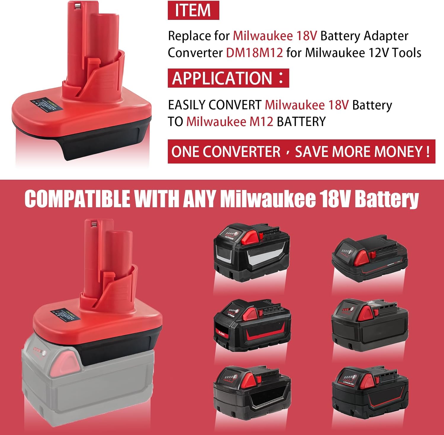 URUN Convertidor de adaptador de batería para Milwaukee 18 V a Milwaukee 12 V, repuesto para batería Milwaukee M12 48-11-2410 48-11-2411 compatible