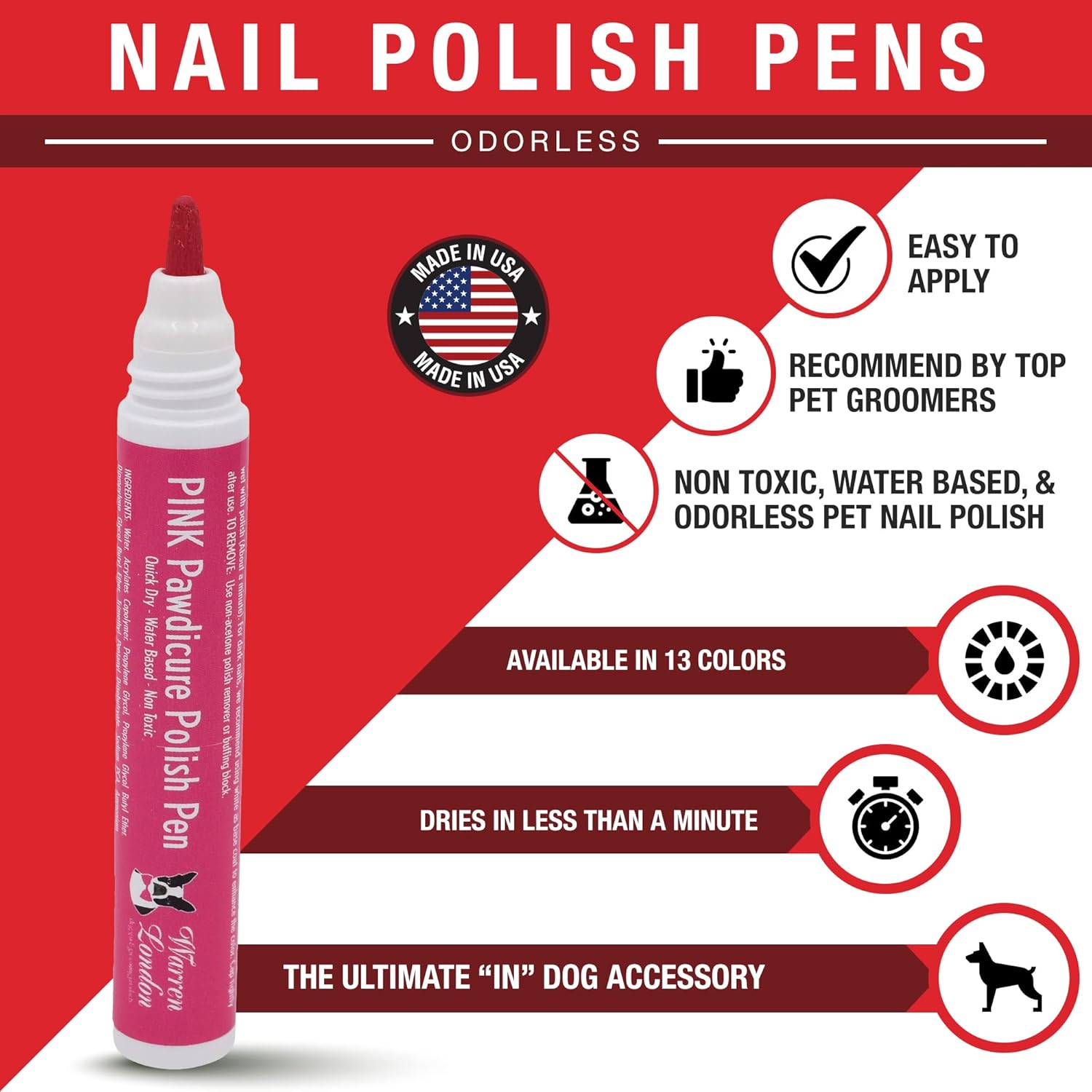 Warren London Pawdicure – Bolígrafos de esmalte de uñas para perro, fabricados en Estados Unidos, secado rápido, bajo olor, accesorios no tóxicos