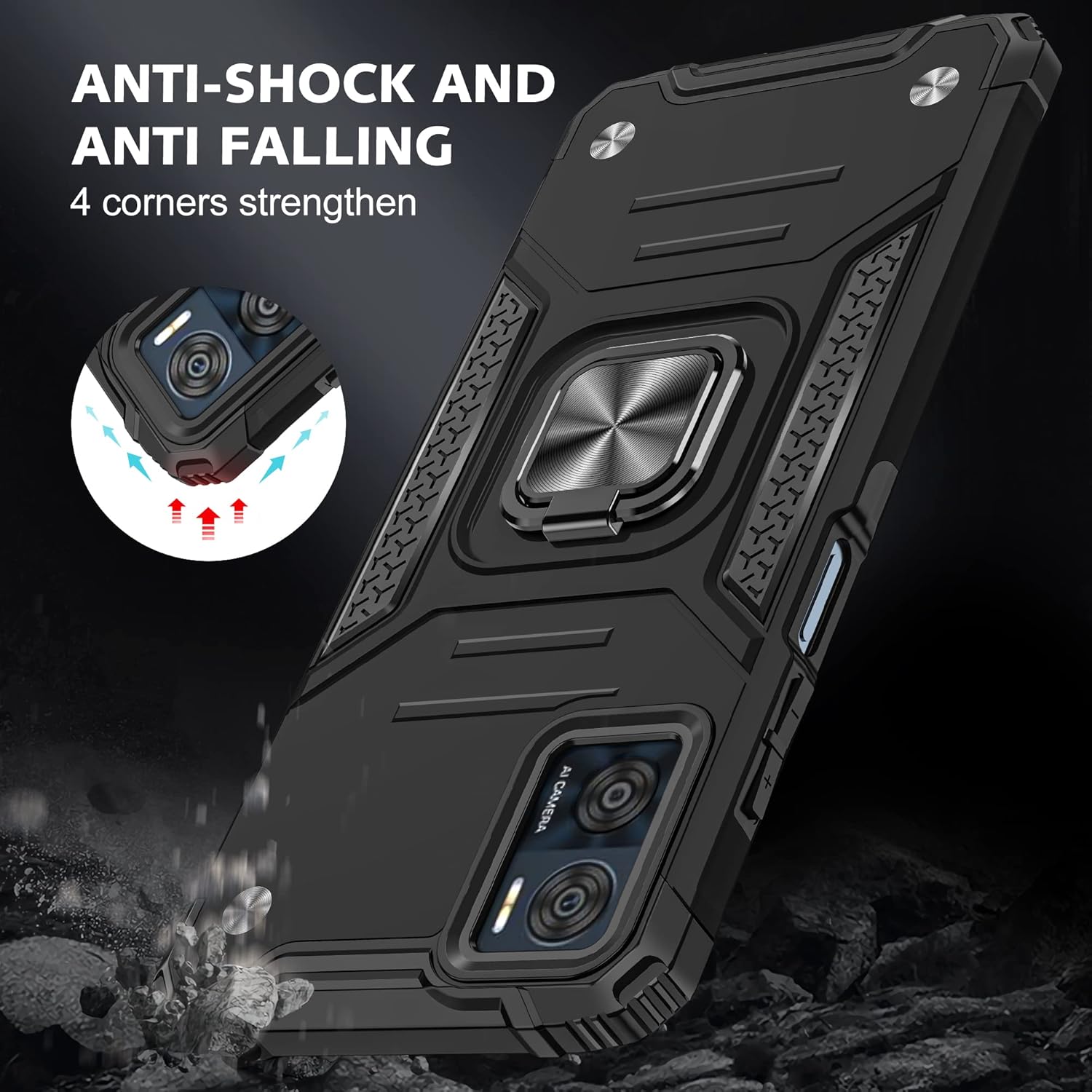 Asuwish Funda de teléfono para Motorola Moto E22E22i 4G con protector de pantalla de vidrio templado y soporte de anillo delgado híbrido protector