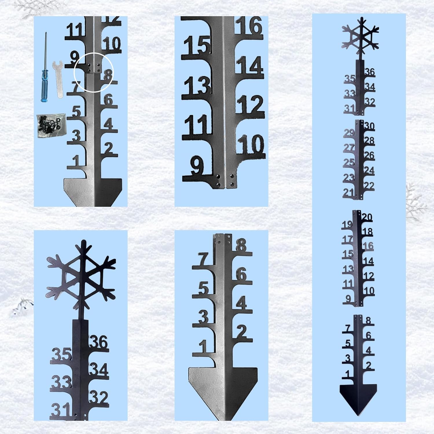 Medidor de nieve para exteriores, calibre de medición de nieve de 36 pulgadas, regla de metal de copo de nieve de invierno, medidores de nieve