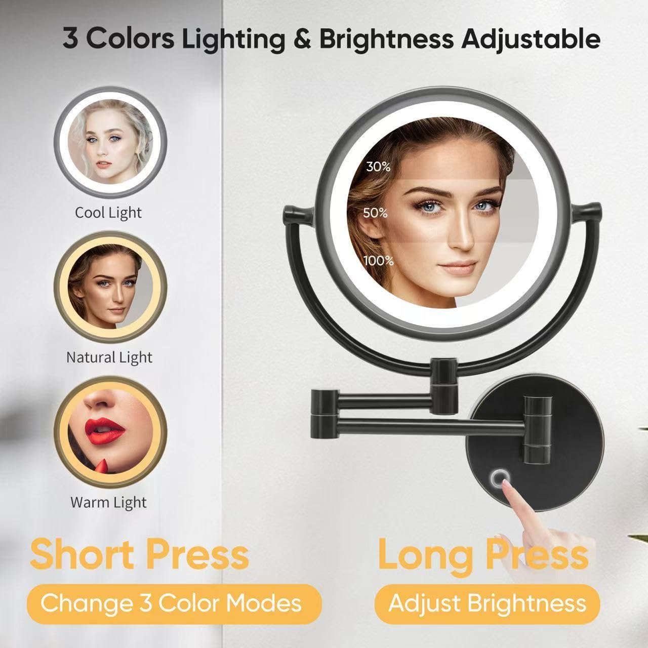 GURUN Espejo de maquillaje con aumento de 8.5 pulgadas con luces LED de 3 tonos, espejo de tocador de doble cara para baño con aumento de 10X