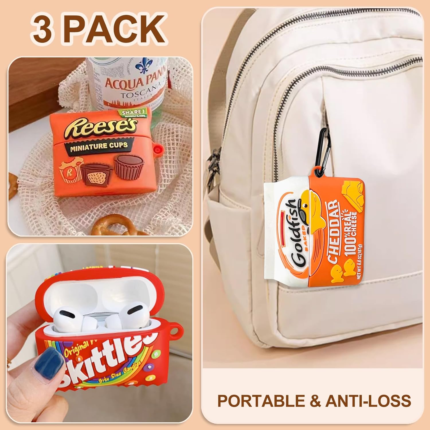 Paquete de 3 bonitas fundas para Airpod Pro con kit de limpieza, 3D Kawaii dibujos animados divertidos Goldfish & Rainbow Candy&Chocolate Food Funda