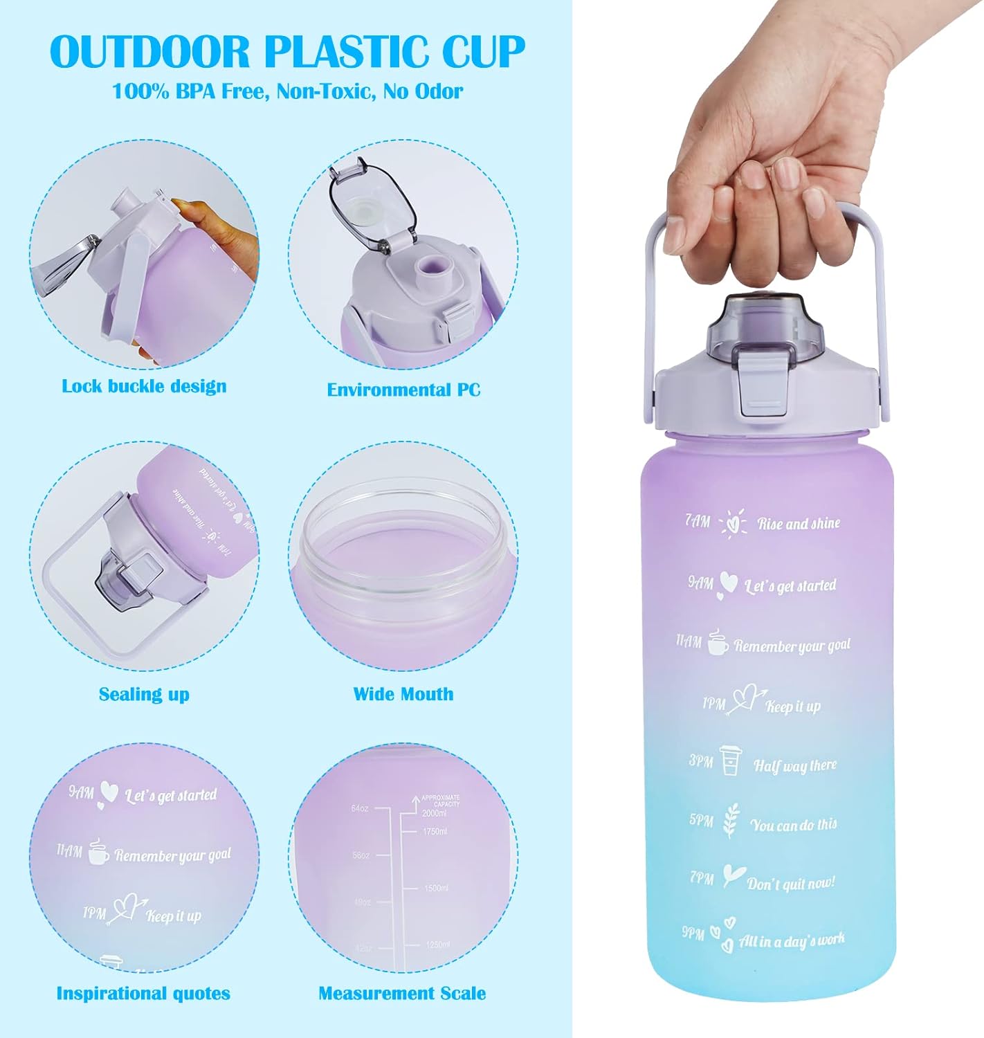Juego de 3 botellas de agua con botella grande de 2 litros, botella portátil de 30.4 fl oz y mini botella de 16.9 fl oz, botella de bebidas