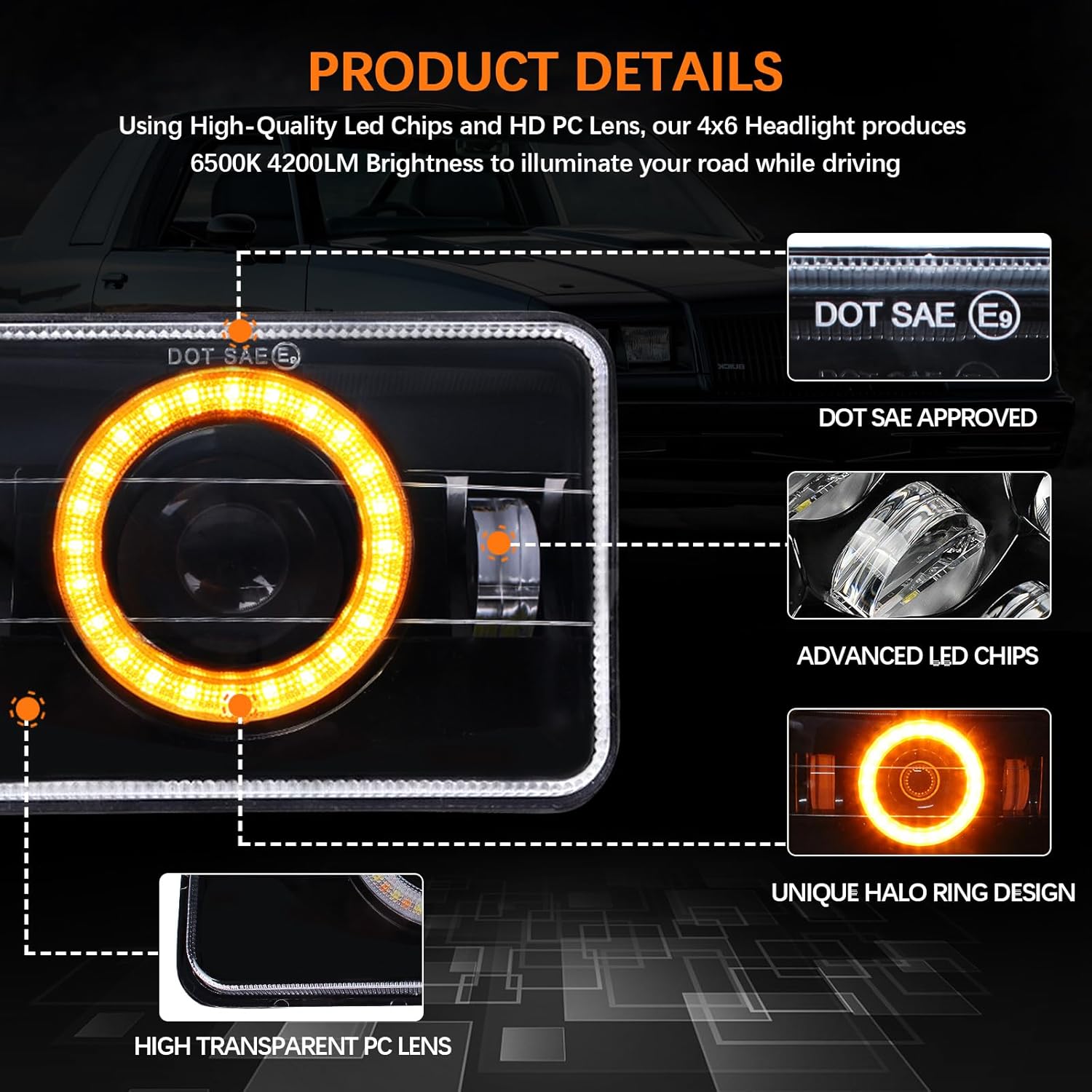 4X6 Led Headlights DOT Approved With 6500K High Low Beam High Brightness White DRL Amber Turn Signal Light Compatible for H4651 H4656 Peterbilt 379