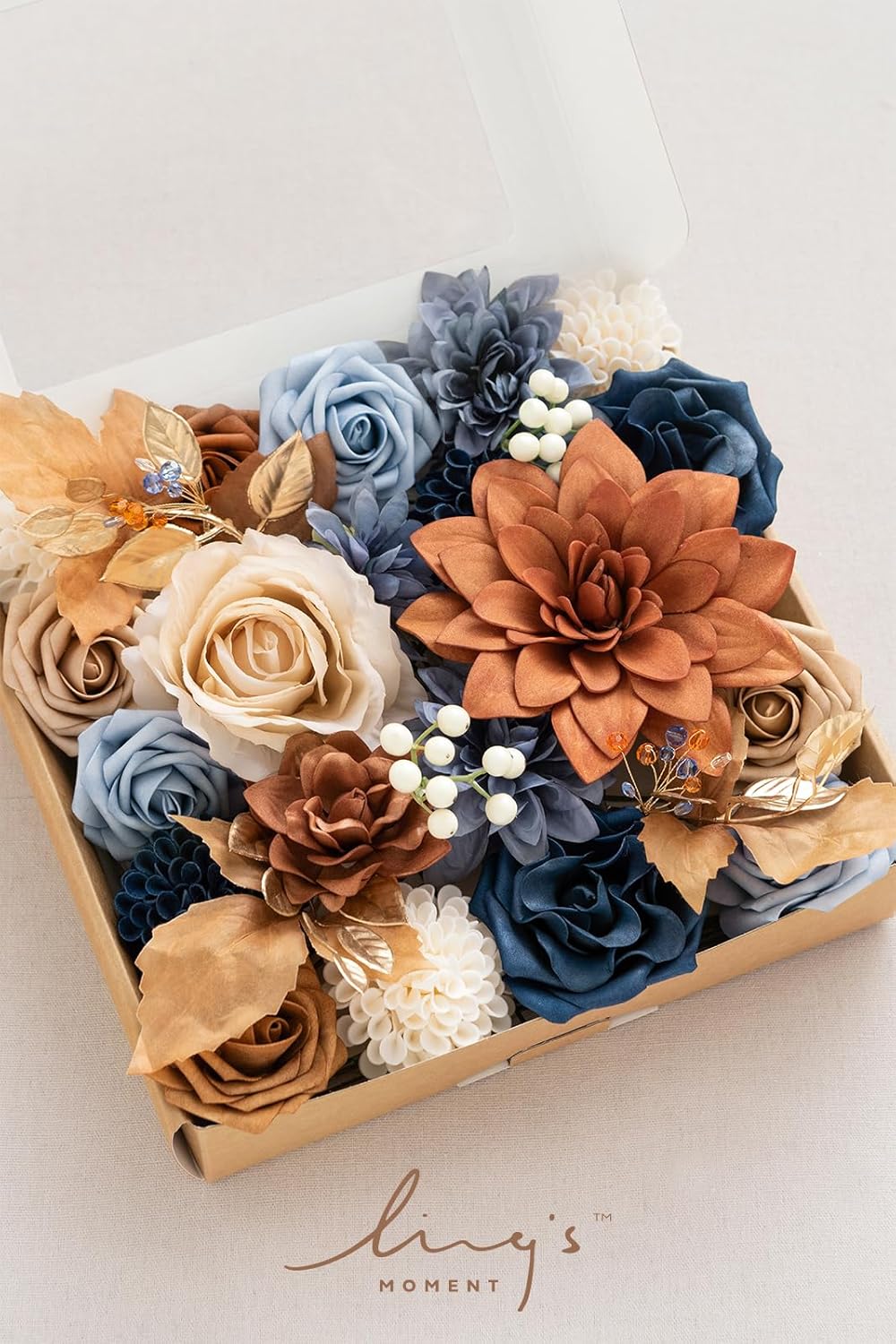 Ling’s Moment Juego de cajas combinadas de flores artificiales de color naranja quemado y azul marino, flores falsas de terracota para ramo de novia